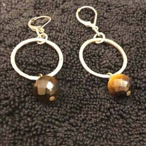 Hammered silver and brown bead earrings
